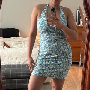 Halter Mini Dress in Blue and Green Floral